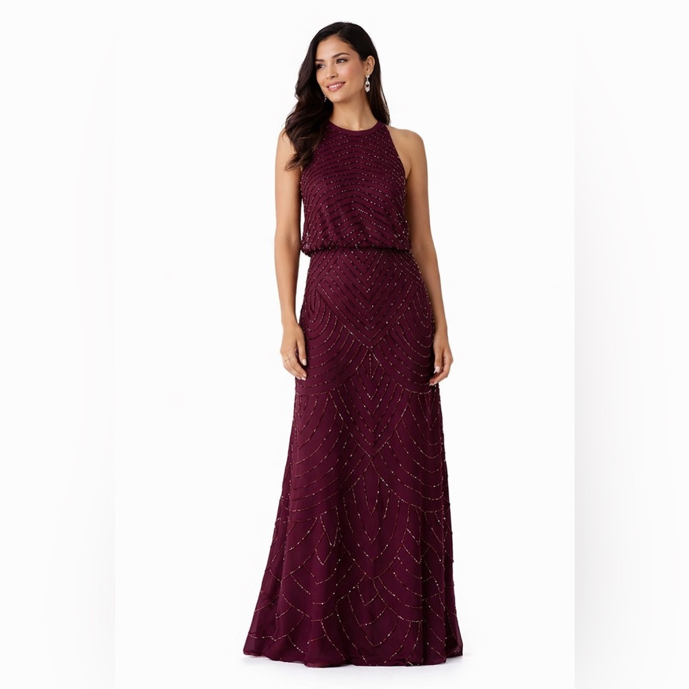 Adrianna Papell Burgundy Beaded Halter Gown Size 0 Formal Evening Art Deco